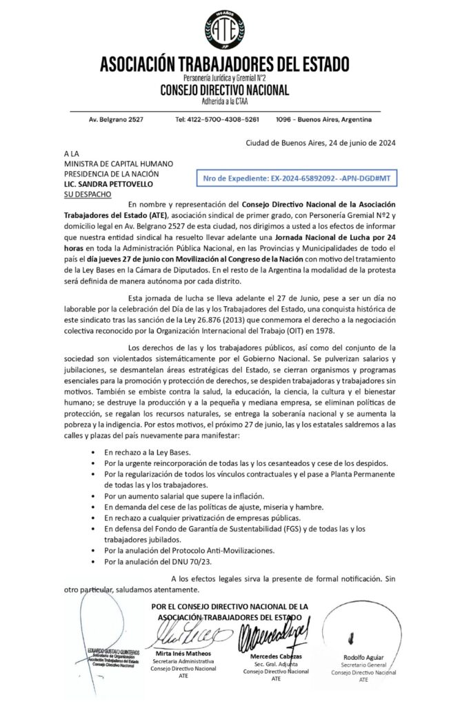 ATE anunció una Jornada Nacional de Lucha con movilización al Congreso el jueves para rechazar la Ley Bases: "A los diputados que levanten la mano a favor no hay que votarlos nunca más"