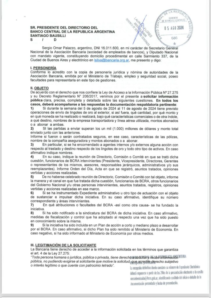 Palazzo insiste con sus preguntas al Banco Central: "¿Siguen enviando oro al exterior?"