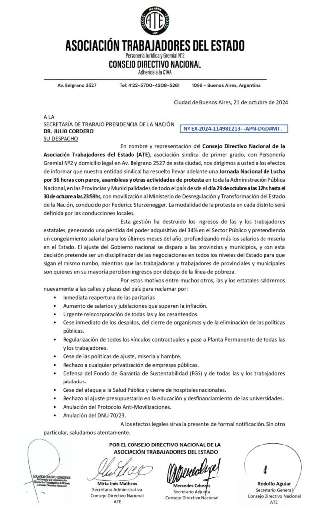 ATE desde este martes por 36 horas y  concentra en el Obelisco para movilizar al Ministerio de Sturzenegger, el cerebro del ajuste en el Estado