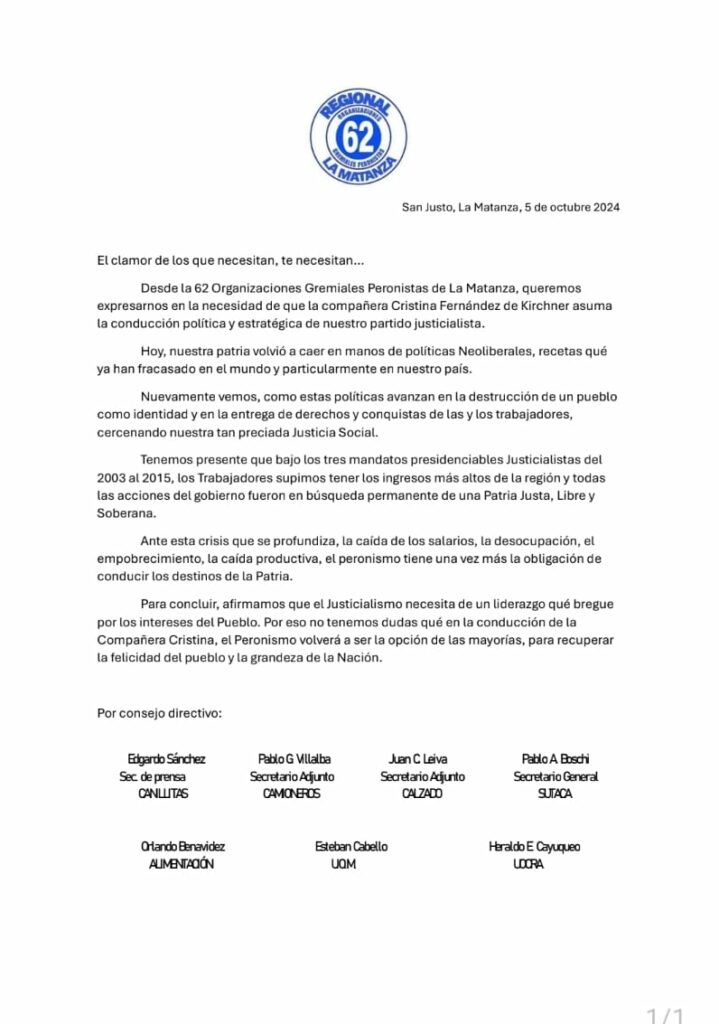 Sindicalistas promueven un acto por el aniversario de la muerte de Néstor Kirchner, que serviría de plataforma de lanzamiento de CFK para conducir al PJ Nacional