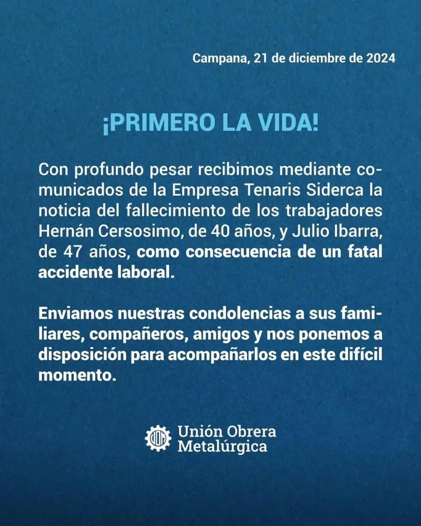 Dos empleados murieron en Tenaris Siderca en Campana y la UOM denunció que en la empresa de Paolo Rocca sólo en 2024 fallecieron 5 trabajadores en accidentes