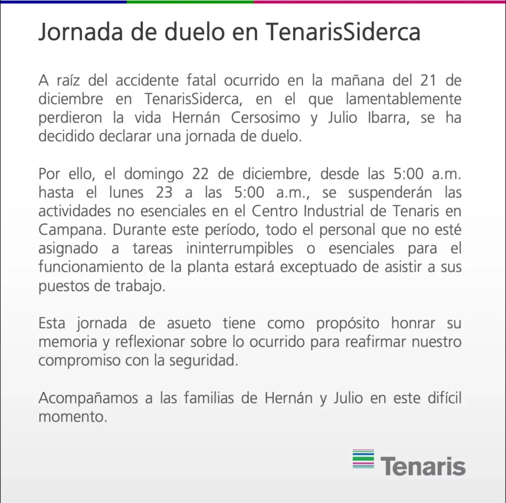 Dos empleados murieron en Tenaris Siderca en Campana y la UOM denunció que en la empresa de Paolo Rocca sólo en 2024 fallecieron 5 trabajadores en accidentes