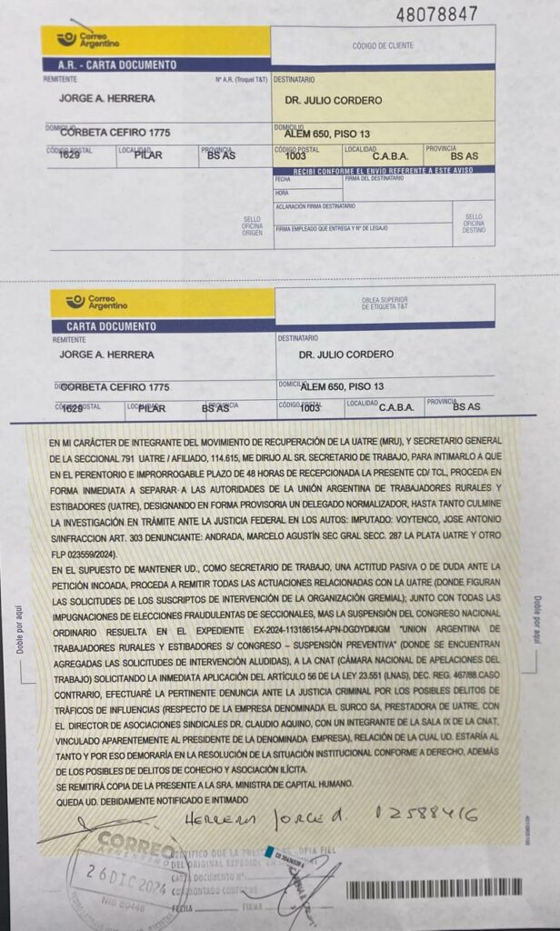 Escala la interna sindical y Cordero y Pettovello ya tienen en su escritorios, al menos, 4 pedidos de intervención de la UATRE